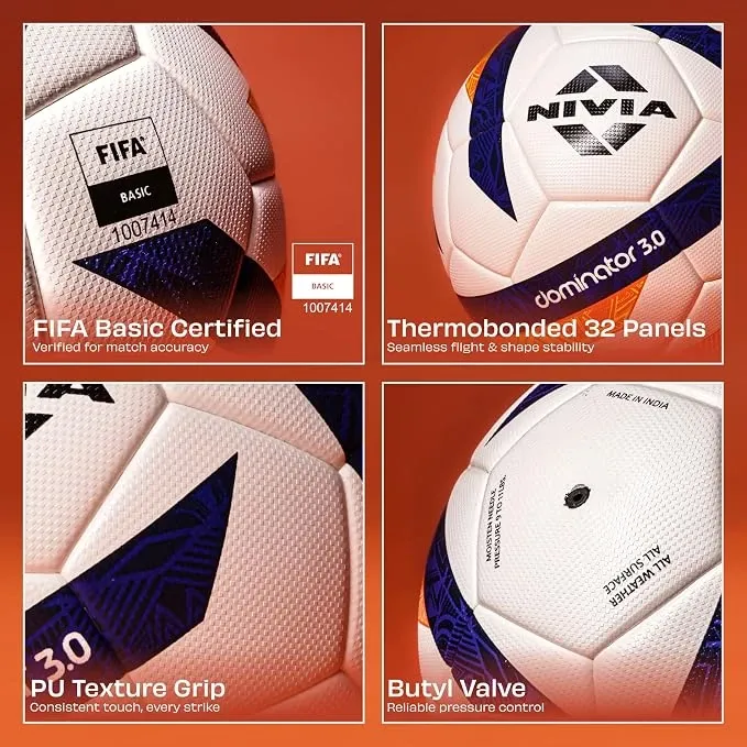 Nivia Dominator 3.0 Football, Match Ball, 32 Panels, Durable & Soft PU Leather, Butyl Fabric Wounded Bladder, FIFA Basic, to Play on Both Natural and Artificial Grass (Size - 5, Multicolor) Mobile Image 4