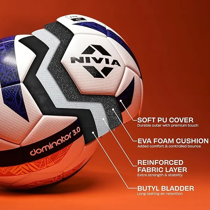 Nivia Dominator 3.0 Football, Match Ball, 32 Panels, Durable & Soft PU Leather, Butyl Fabric Wounded Bladder, FIFA Basic, to Play on Both Natural and Artificial Grass (Size - 5, Multicolor) Mobile Image 3
